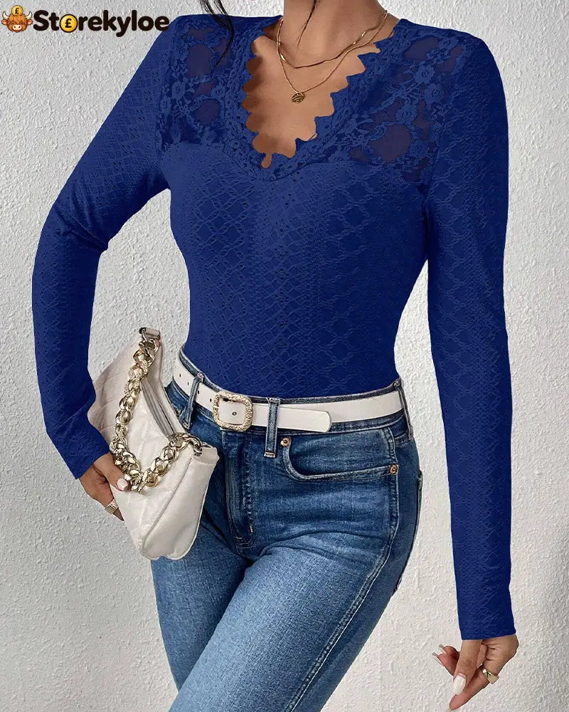 V-Neck Lace Panel Long-Sleeved Top