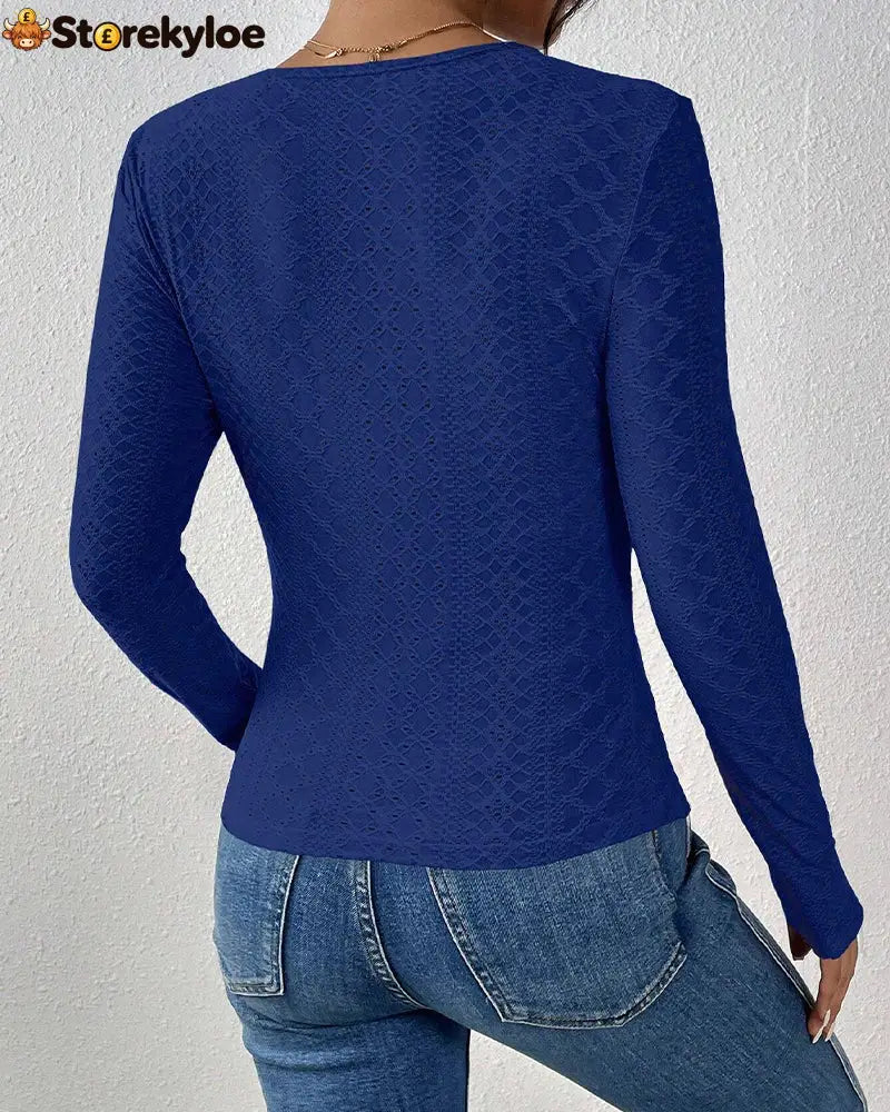 V-Neck Lace Panel Long-Sleeved Top
