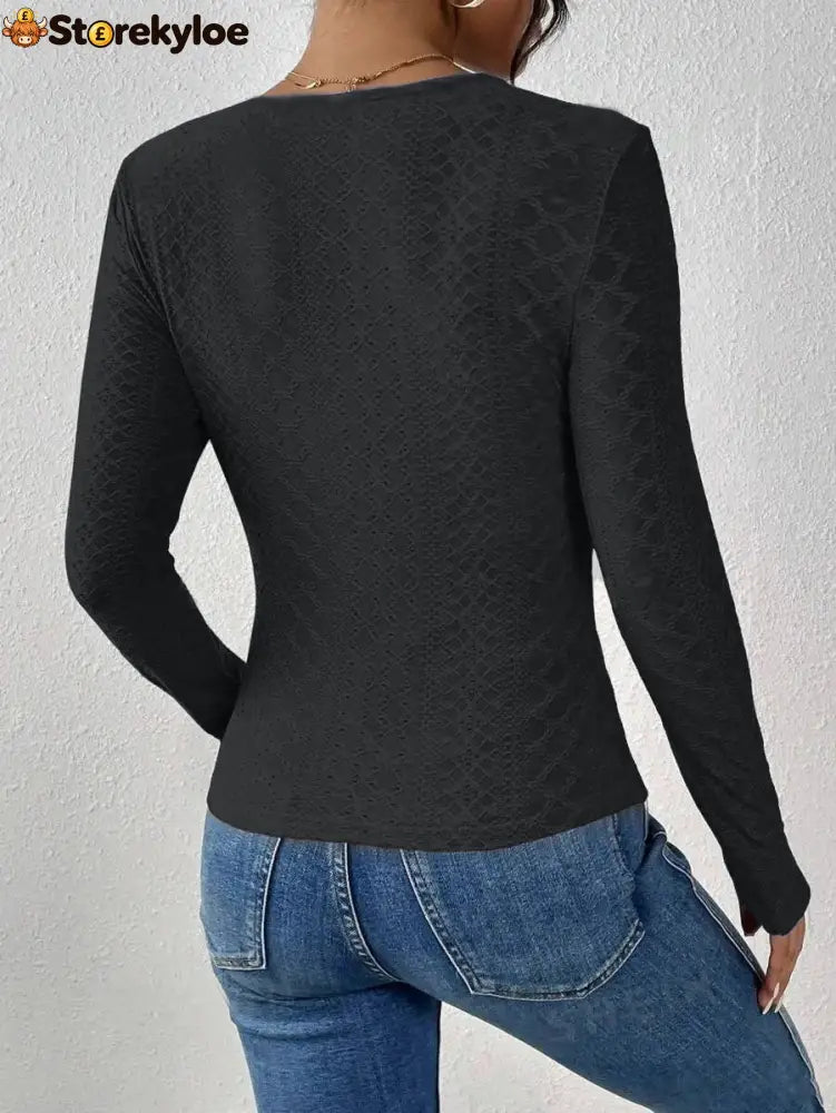 V-Neck Lace Panel Long-Sleeved Top