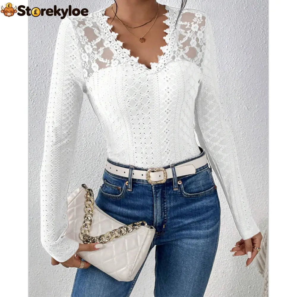 V-Neck Lace Panel Long-Sleeved Top