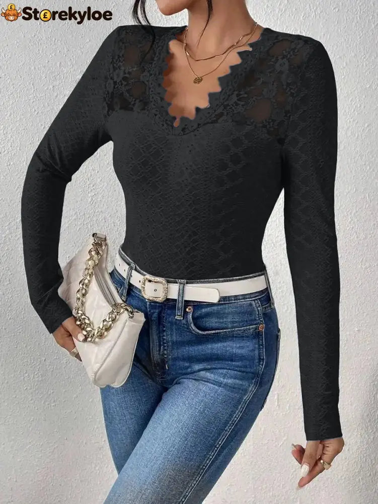 V-Neck Lace Panel Long-Sleeved Top