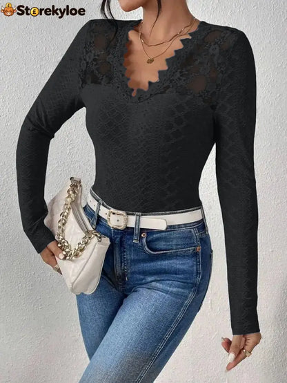 V-Neck Lace Panel Long-Sleeved Top