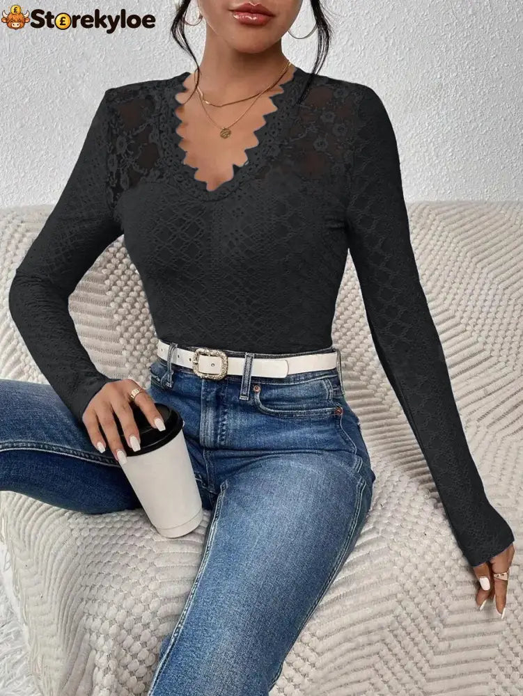 V-Neck Lace Panel Long-Sleeved Top