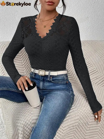 V-Neck Lace Panel Long-Sleeved Top