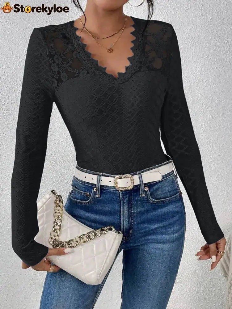 V-Neck Lace Panel Long-Sleeved Top - Black / S