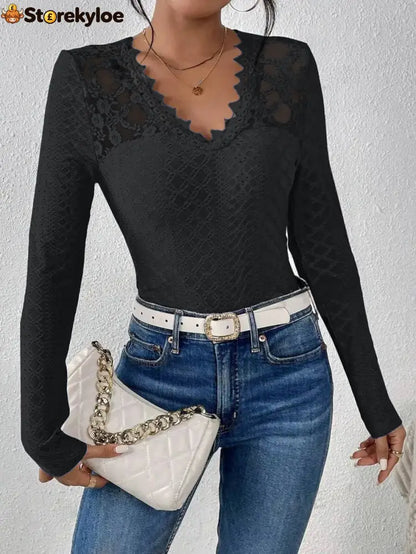 V-Neck Lace Panel Long-Sleeved Top - Black / S