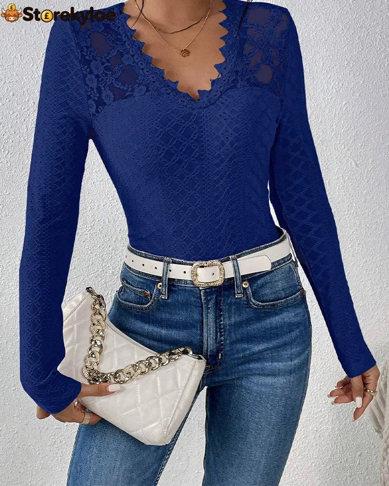 V-Neck Lace Panel Long-Sleeved Top - Navy Blue / S