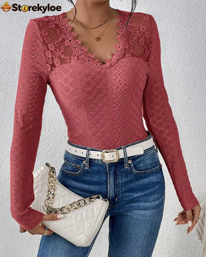 V-Neck Lace Panel Long-Sleeved Top - Pink / S