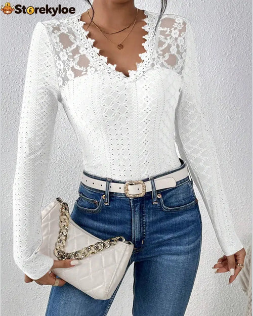 V-Neck Lace Panel Long-Sleeved Top - White / S