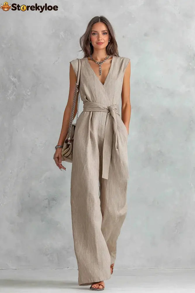 V-Neck Lace-Up Jumpsuit - Khaki / S