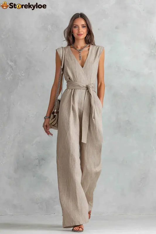 V-Neck Lace-Up Jumpsuit - Khaki / S
