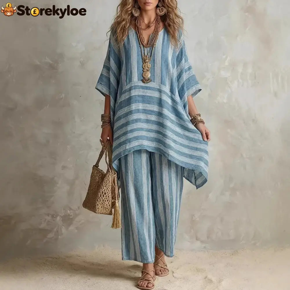 V-Neck Loose Striped Casual Two-Piece Suit