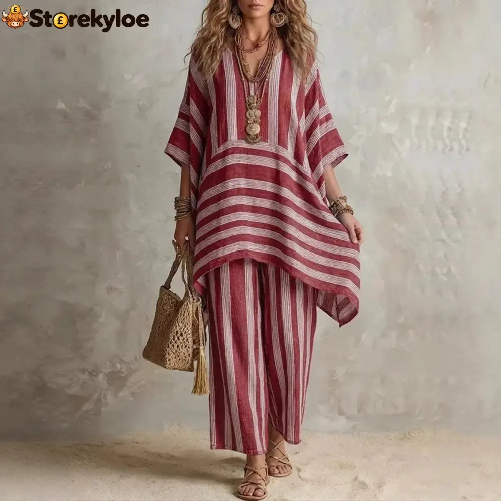 V-Neck Loose Striped Casual Two-Piece Suit