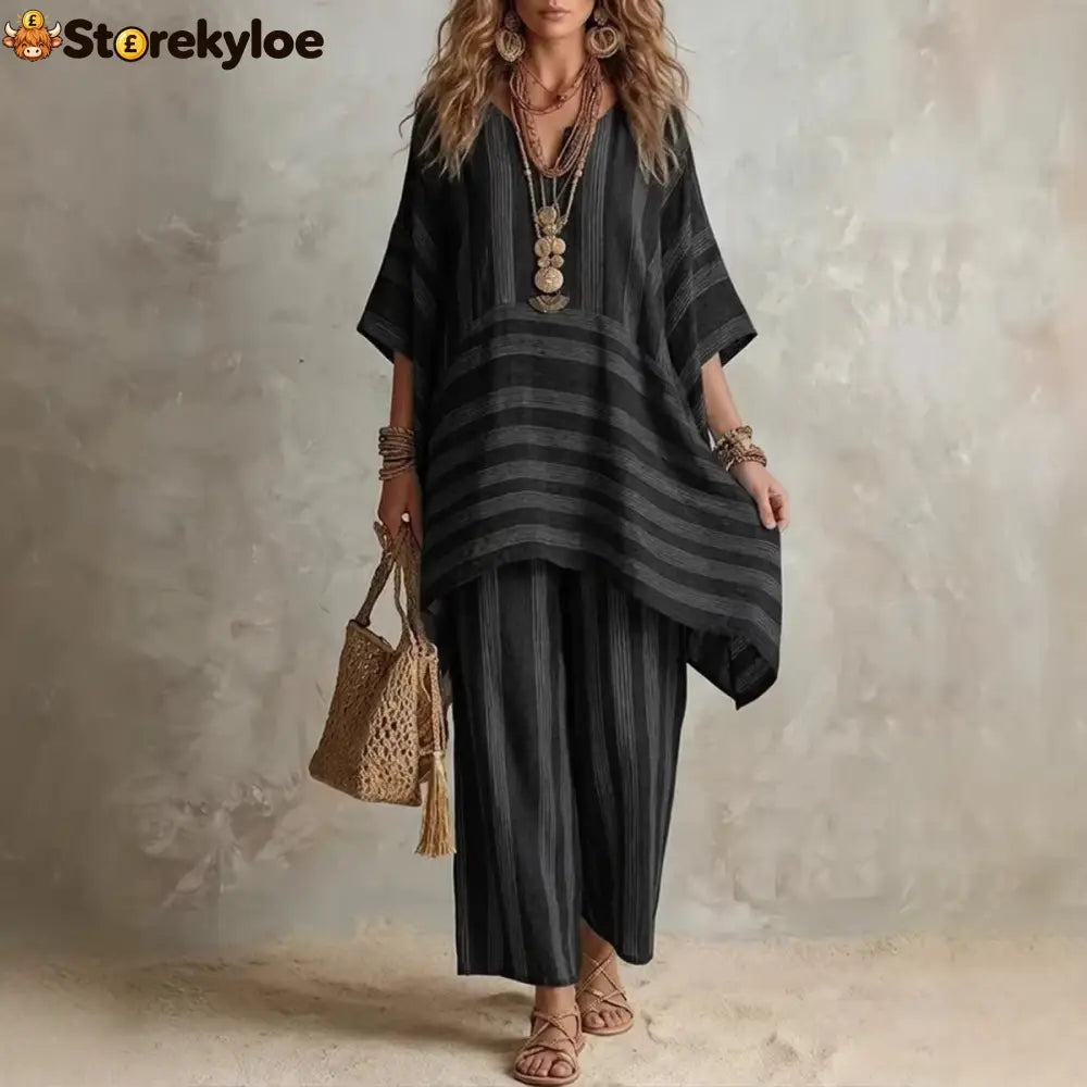 V-Neck Loose Striped Casual Two-Piece Suit