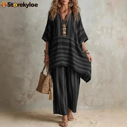 V-Neck Loose Striped Casual Two-Piece Suit