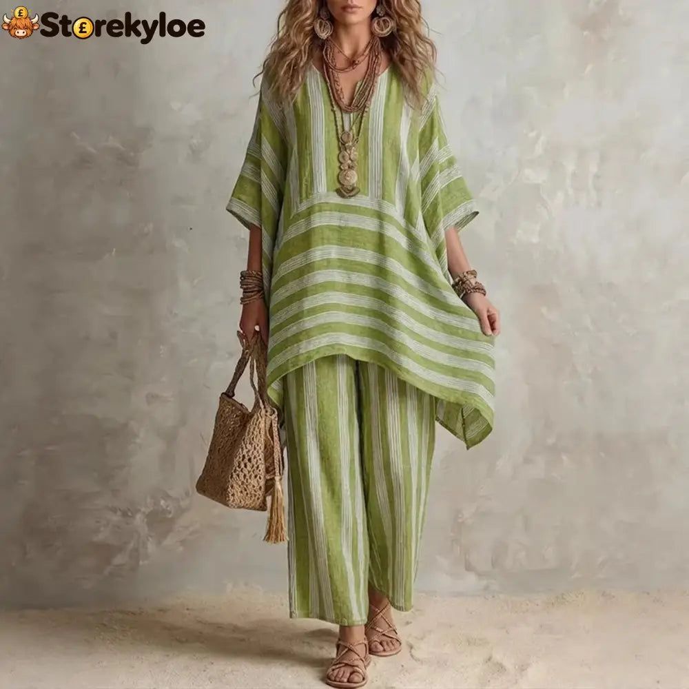 V-Neck Loose Striped Casual Two-Piece Suit