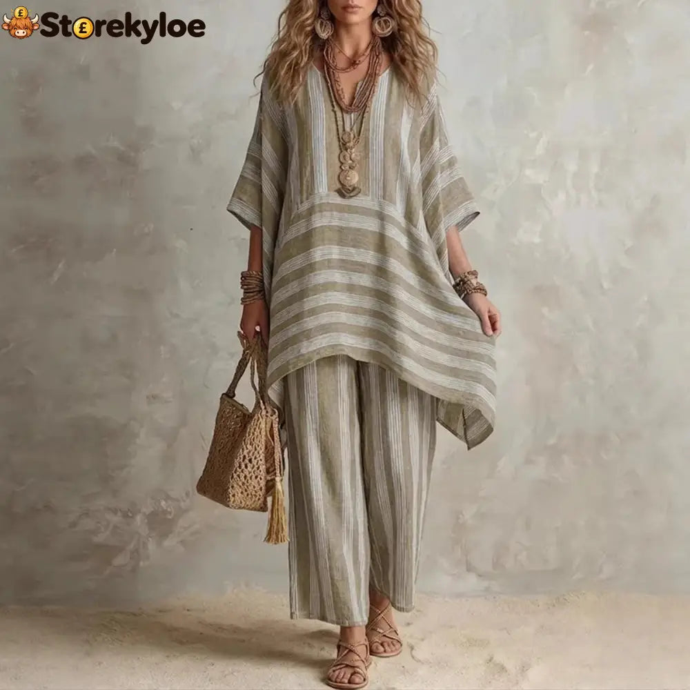V-Neck Loose Striped Casual Two-Piece Suit