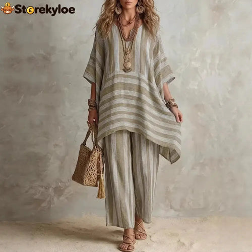 V-Neck Loose Striped Casual Two-Piece Suit