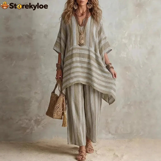 V-Neck Loose Striped Casual Two-Piece Suit
