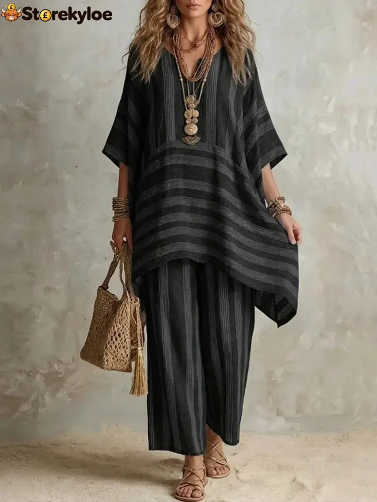 V-Neck Loose Striped Casual Two-Piece Suit - Black / S