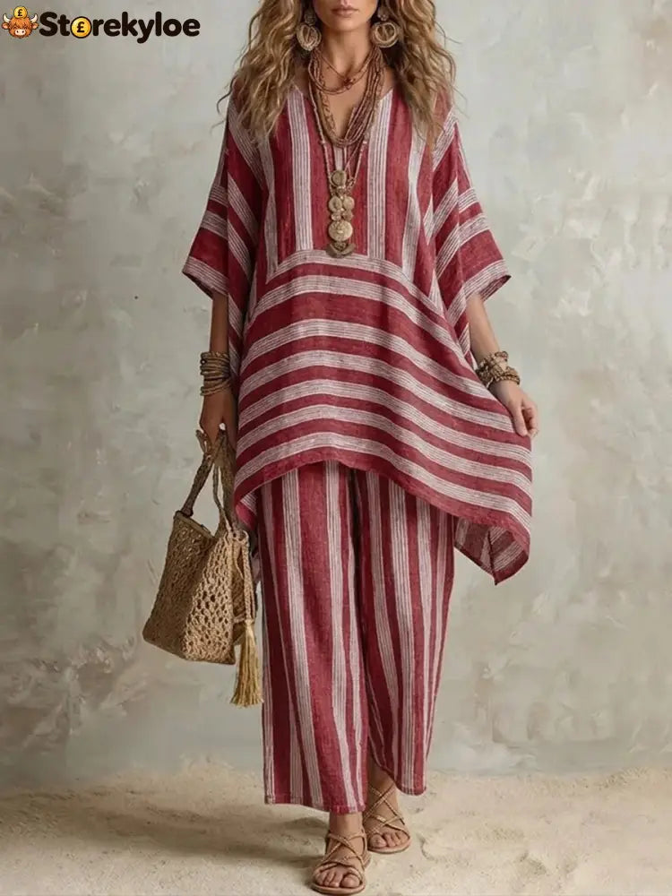 V-Neck Loose Striped Casual Two-Piece Suit - Claret / S