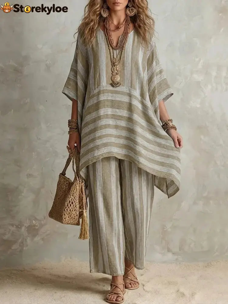V-Neck Loose Striped Casual Two-Piece Suit - Khaki / S