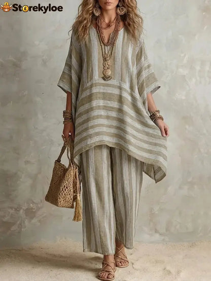 V-Neck Loose Striped Casual Two-Piece Suit - Khaki / S