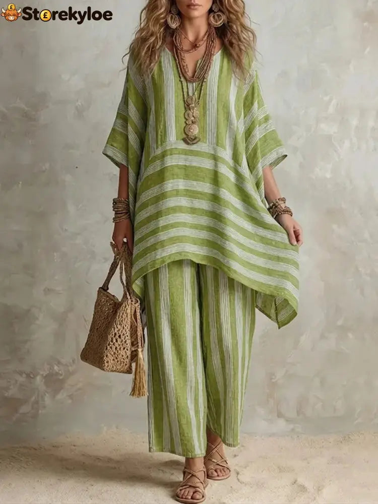 V-Neck Loose Striped Casual Two-Piece Suit - Matcha color / S