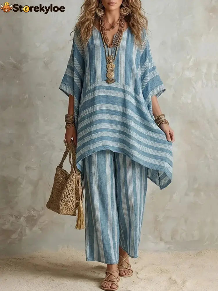 V-Neck Loose Striped Casual Two-Piece Suit - Sky blue / S