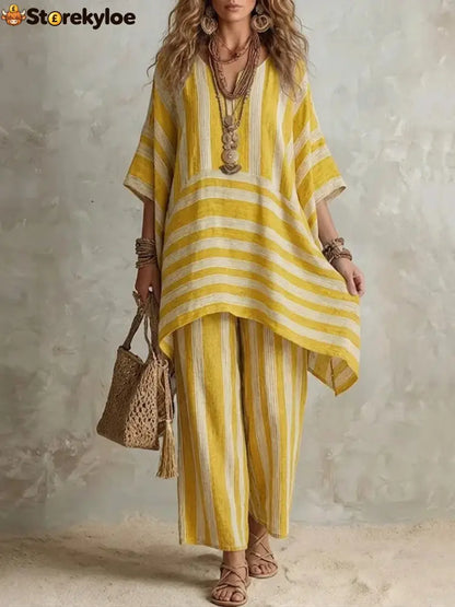 V-Neck Loose Striped Casual Two-Piece Suit - Yellow / S