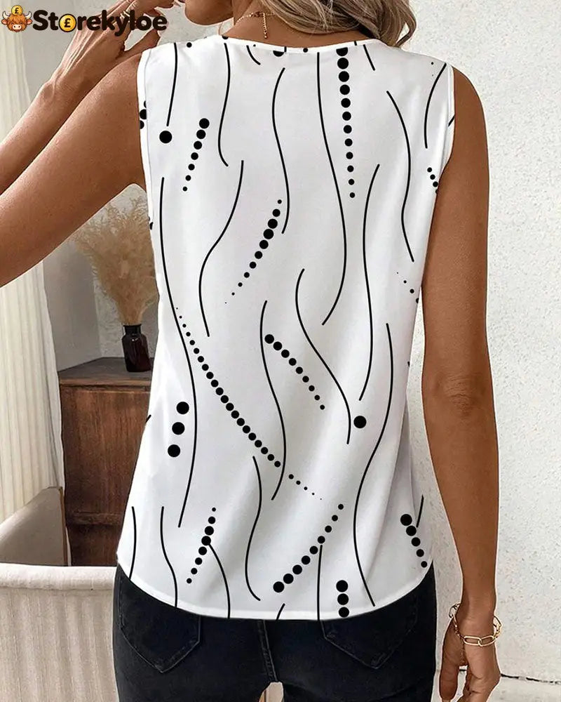 V-Neck Sleeveless Pleated Printed Vest