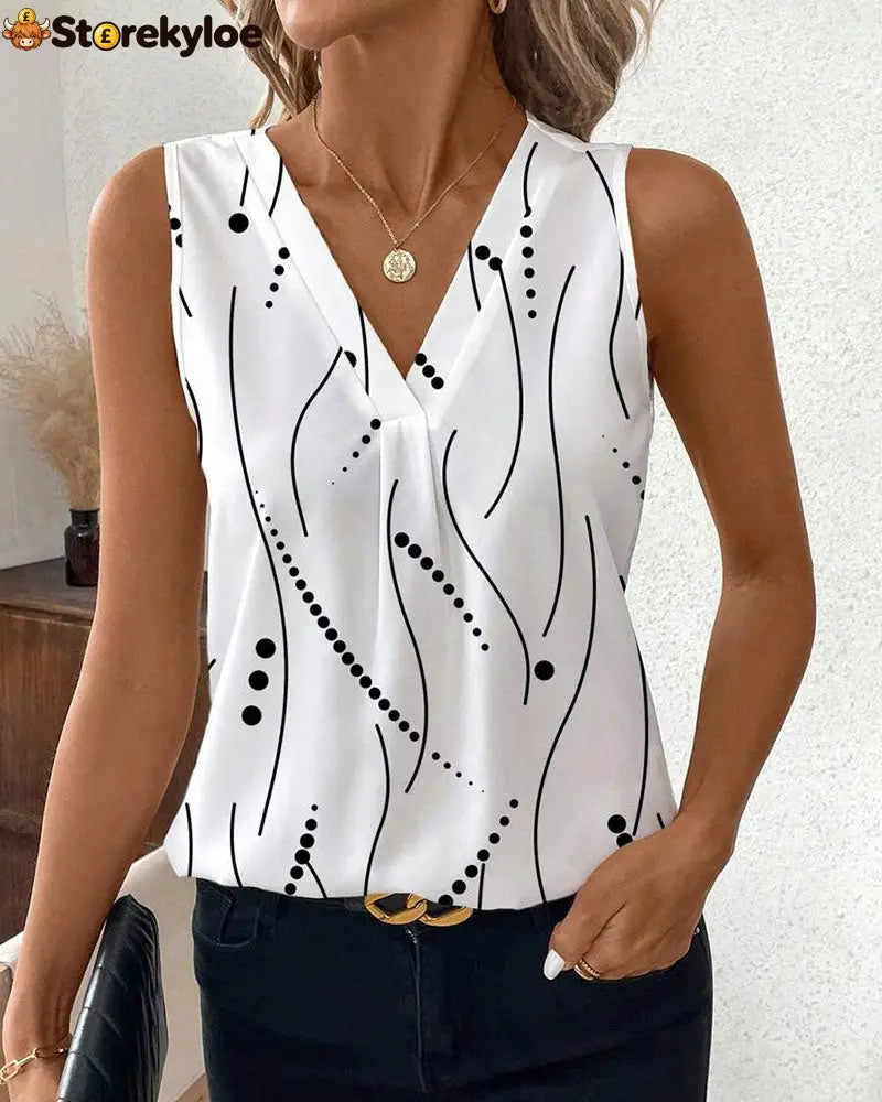 V-Neck Sleeveless Pleated Printed Vest