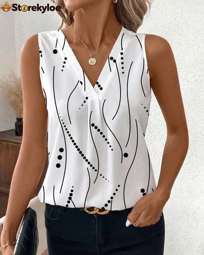 V-Neck Sleeveless Pleated Printed Vest