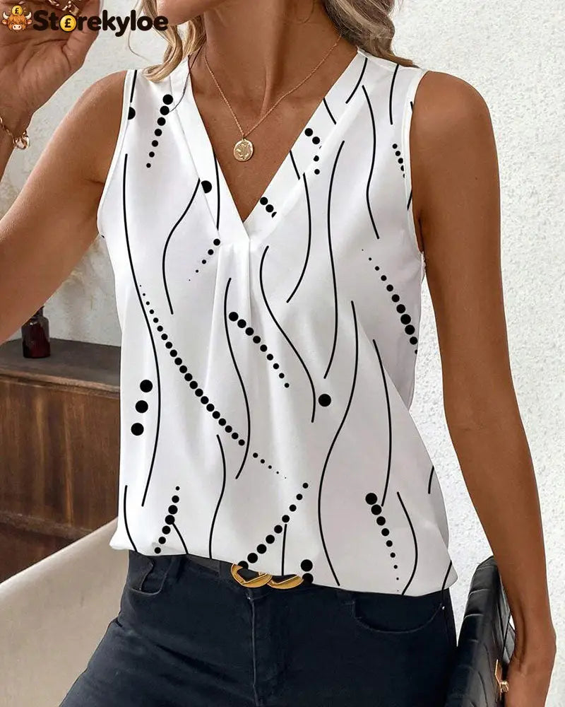 V-Neck Sleeveless Pleated Printed Vest