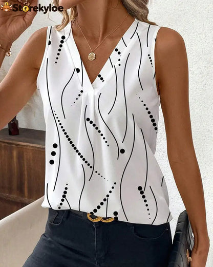 V-Neck Sleeveless Pleated Printed Vest