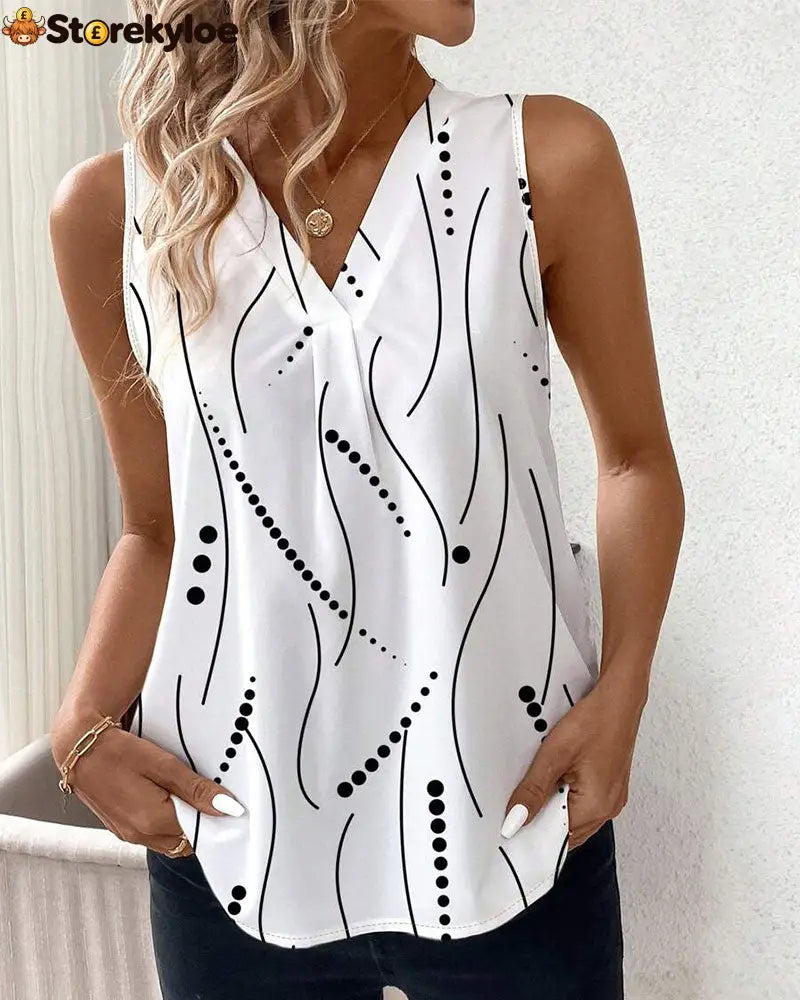 V-Neck Sleeveless Pleated Printed Vest - White / S
