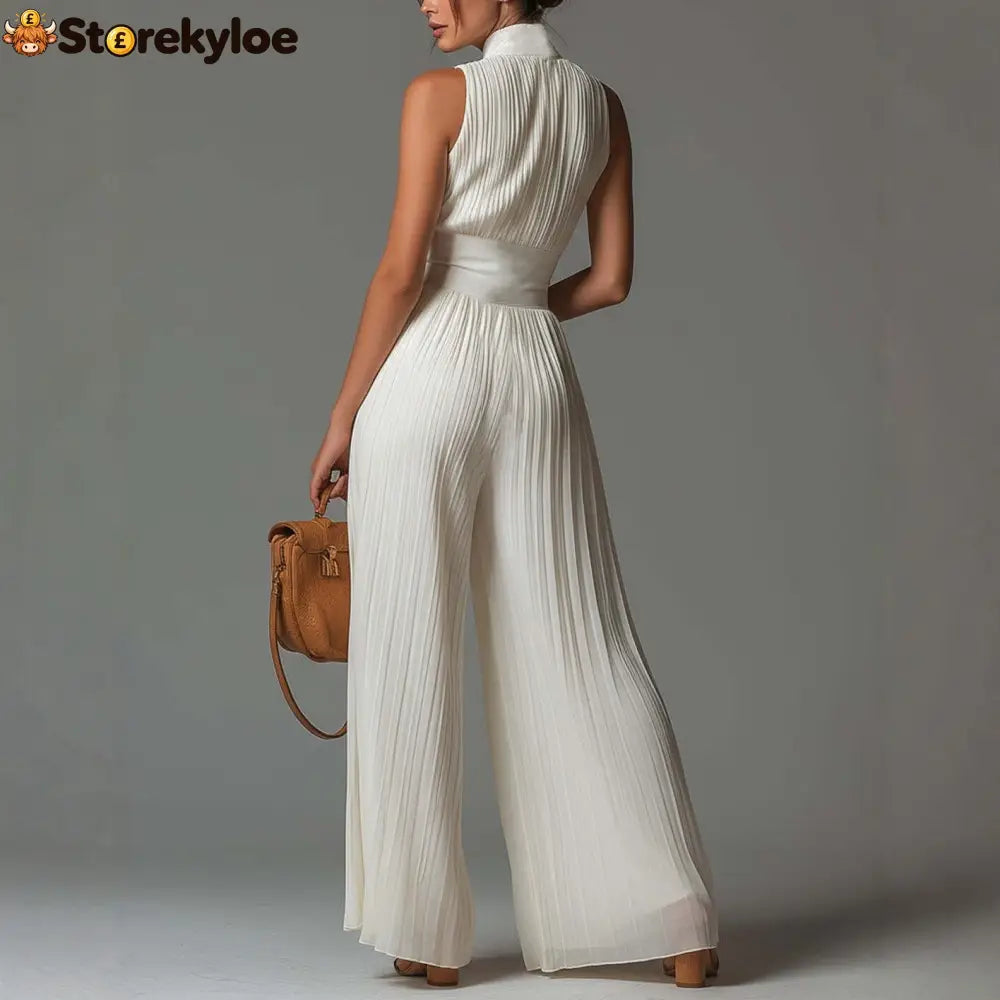 V-neck Sleeveless Zip-up Pleated Wide-leg Chiffon Jumpsuit