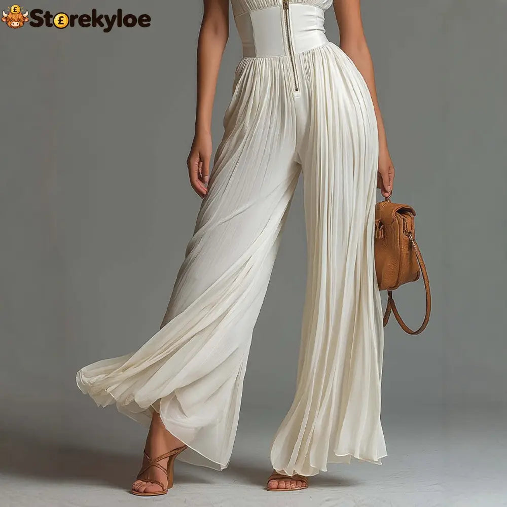 V-neck Sleeveless Zip-up Pleated Wide-leg Chiffon Jumpsuit
