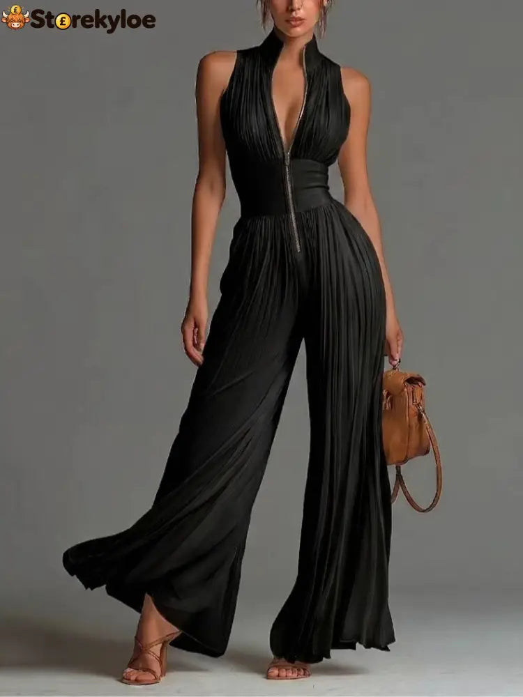 V-neck Sleeveless Zip-up Pleated Wide-leg Chiffon Jumpsuit - Black / XS