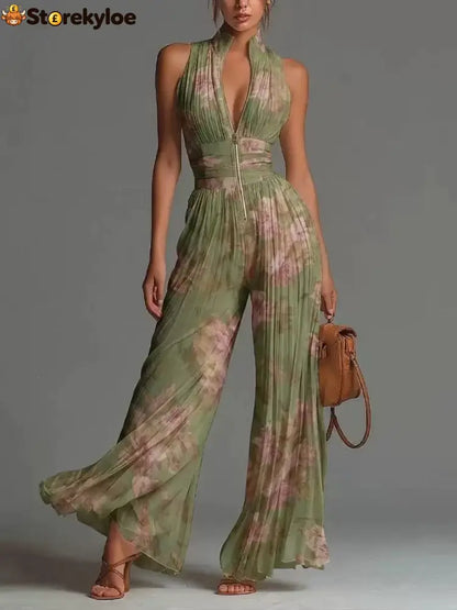 V-neck Sleeveless Zip-up Pleated Wide-leg Chiffon Jumpsuit - Green color / XS