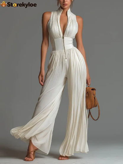 V-neck Sleeveless Zip-up Pleated Wide-leg Chiffon Jumpsuit - Milky / XS
