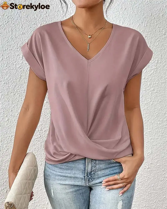 V-Neck Solid Color Elegant Short-Sleeved T-Shirt - Pink / S