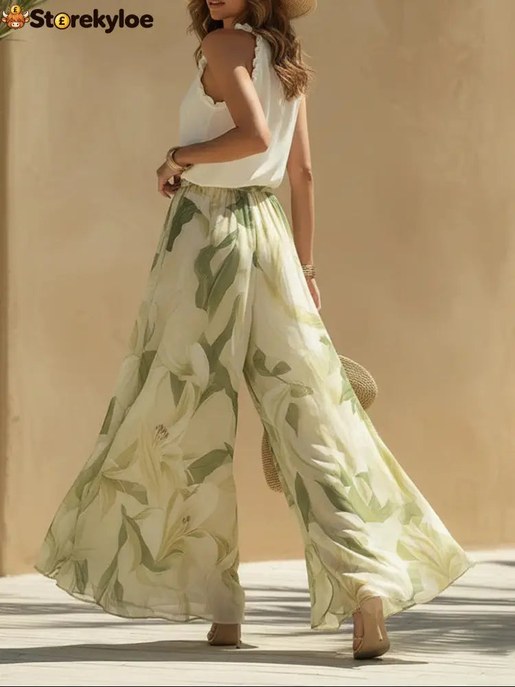 Vacation Chiffon Ruffled Sleeveless Top And Lily Print Pants Set