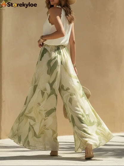 Vacation Chiffon Ruffled Sleeveless Top And Lily Print Pants Set