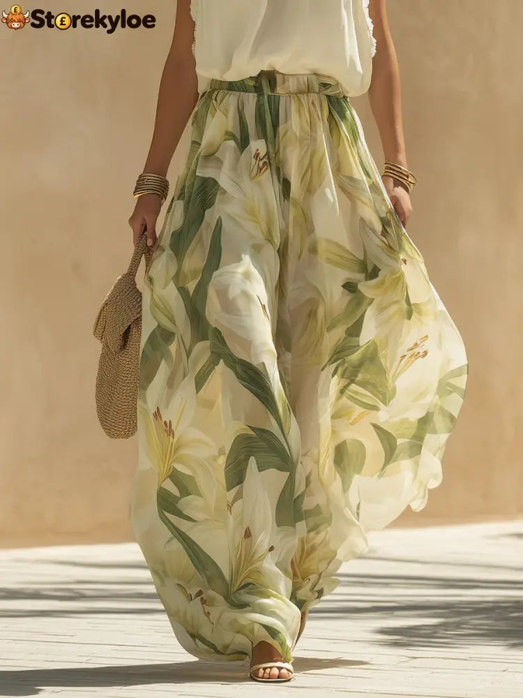 Vacation Chiffon Ruffled Sleeveless Top And Lily Print Pants Set