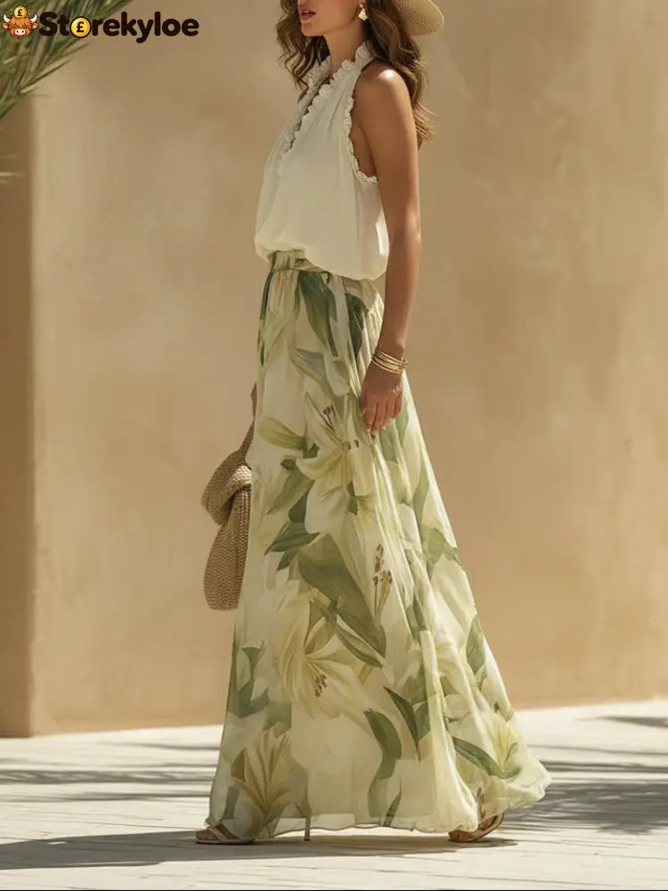 Vacation Chiffon Ruffled Sleeveless Top And Lily Print Pants Set
