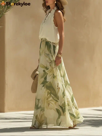 Vacation Chiffon Ruffled Sleeveless Top And Lily Print Pants Set