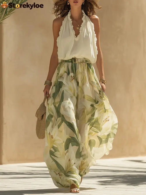 Vacation Chiffon Ruffled Sleeveless Top And Lily Print Pants Set - Green / S