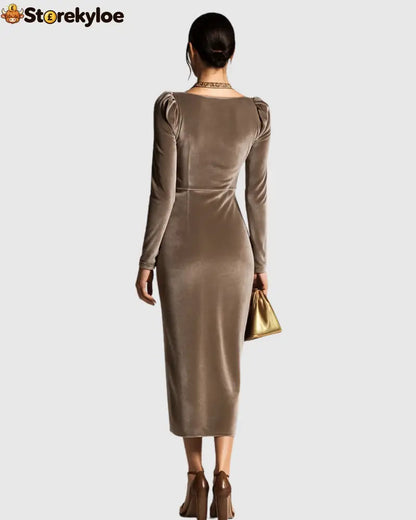 Velvet Draped Pleated Midi Dress