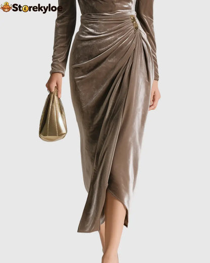 Velvet Draped Pleated Midi Dress